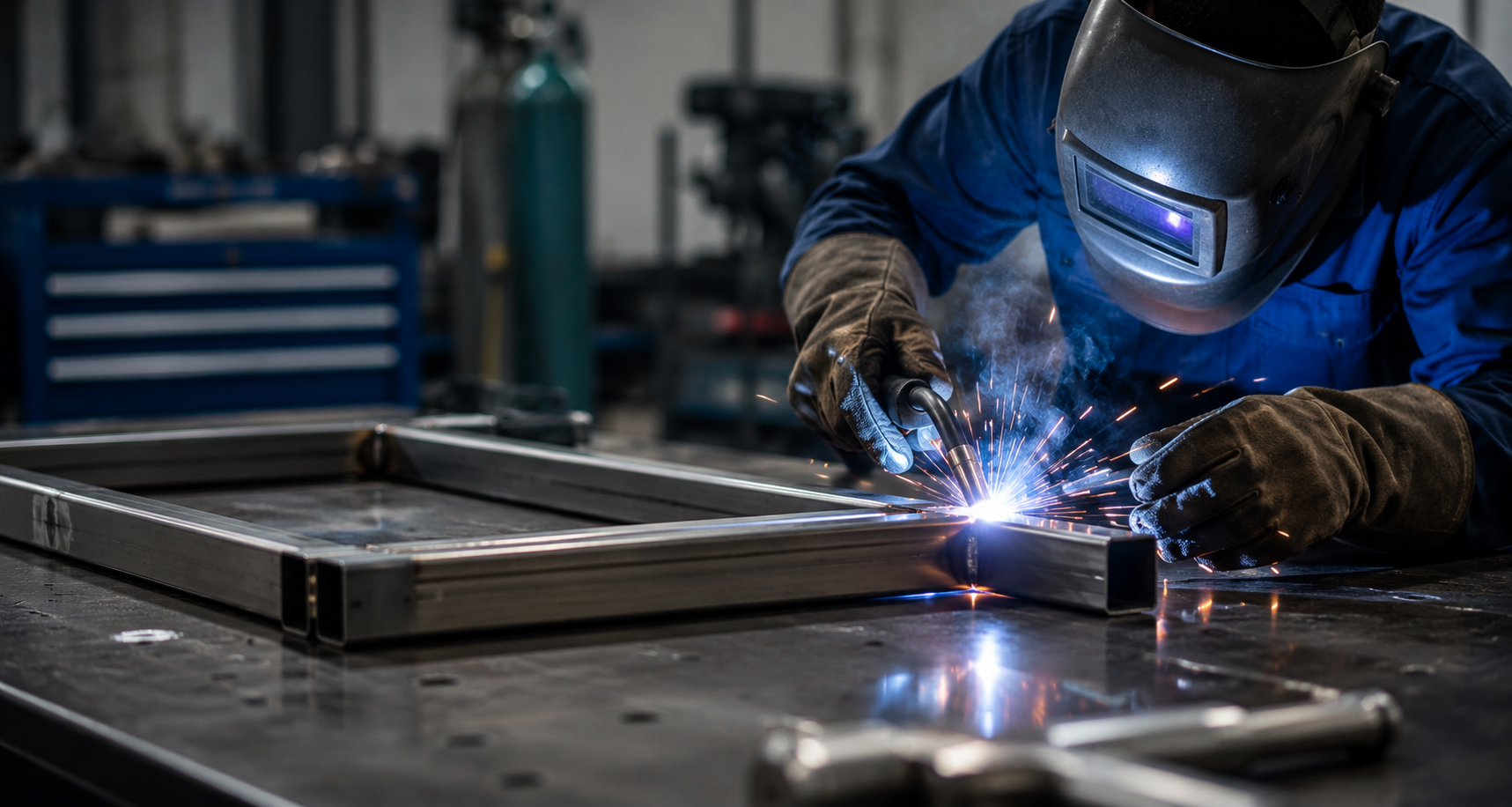 Welder fabricating a steel frame at the manufacturer with proprietary products for sale